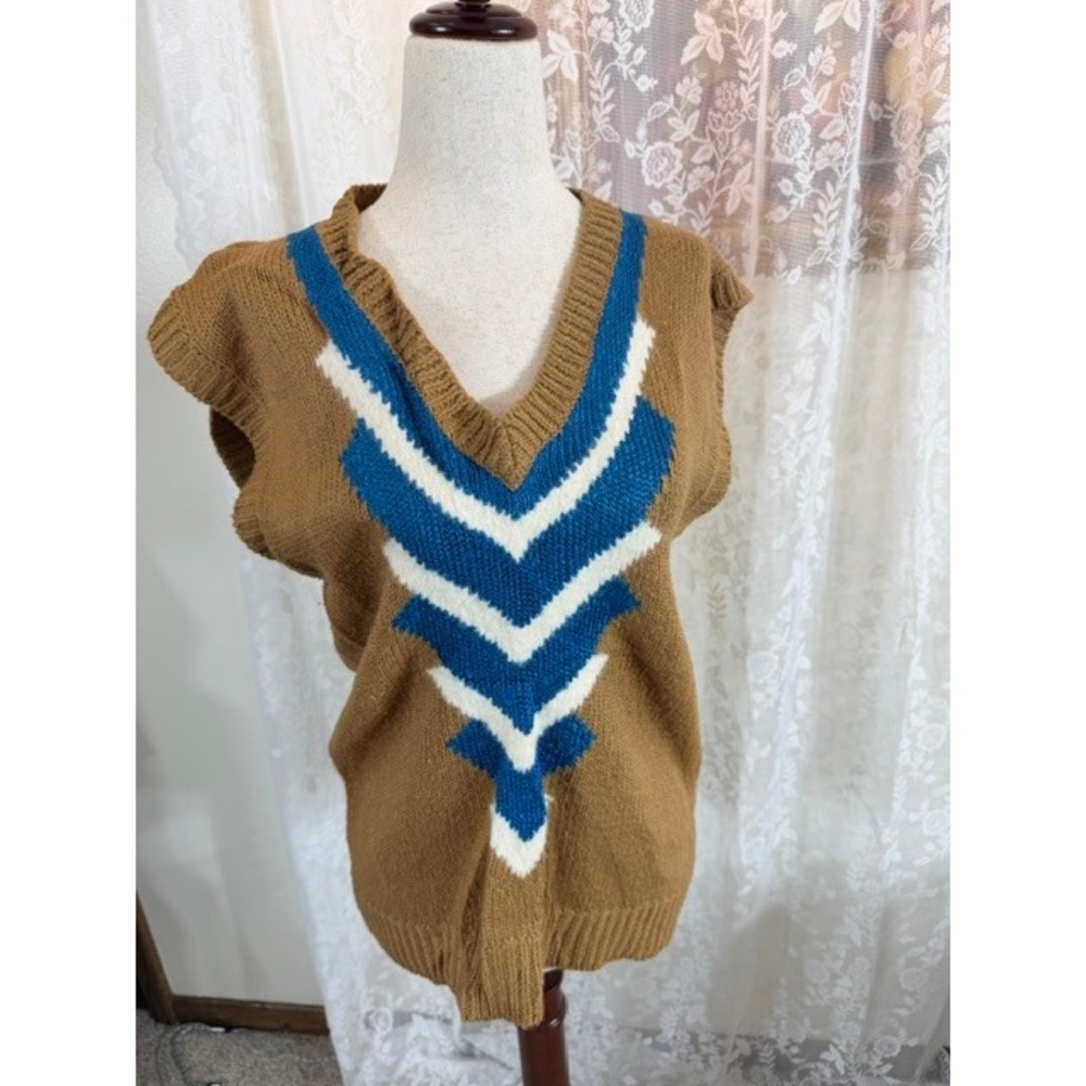 Vintage Style Chevron Knit Sweater Vest Brown Blue White V-Neck Sleeveless